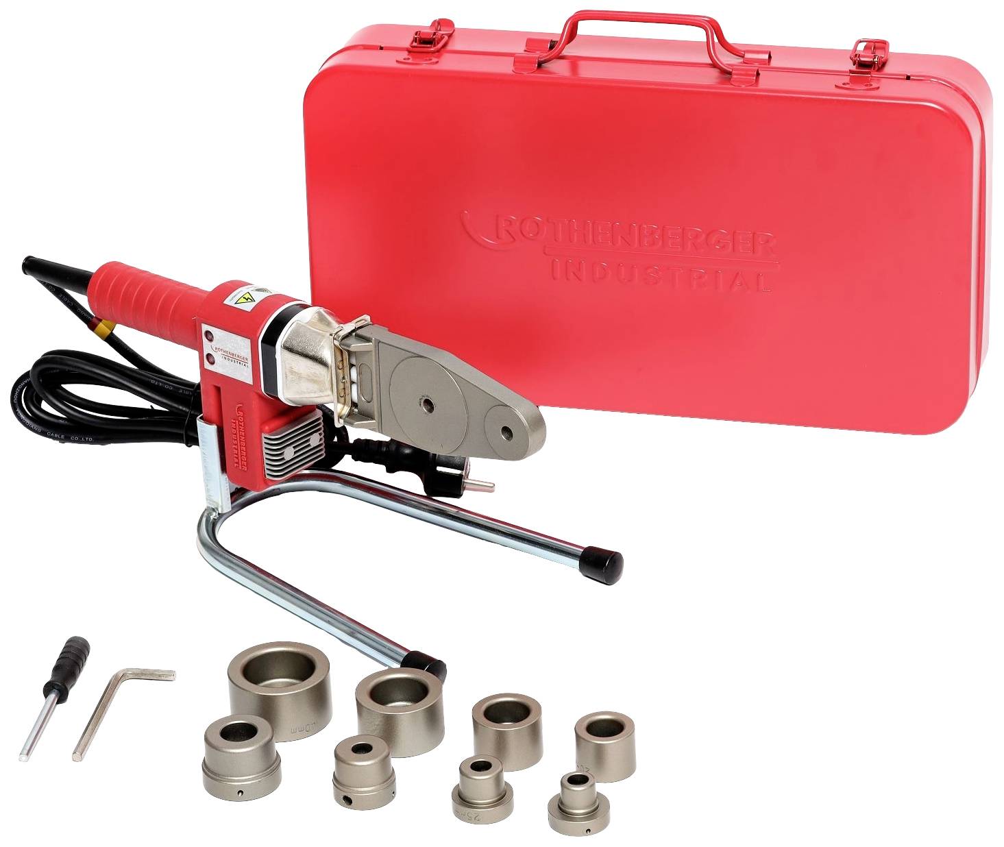 Rdeč plastični varilni aparat z več šobami in orodji pred rdečim kovčkom.