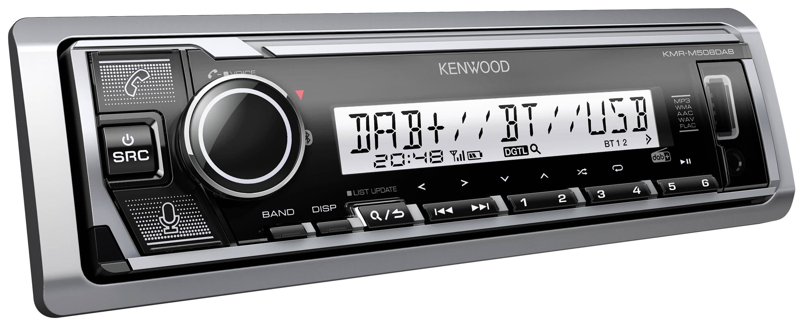 Avtoradio z digitalnim zaslonom prikazuje informacije o DAB+, Bluetoothu, USB-ju in uri, ki kaže 20:48. Vidni so tudi gumbi in vrtljivi gumb.
