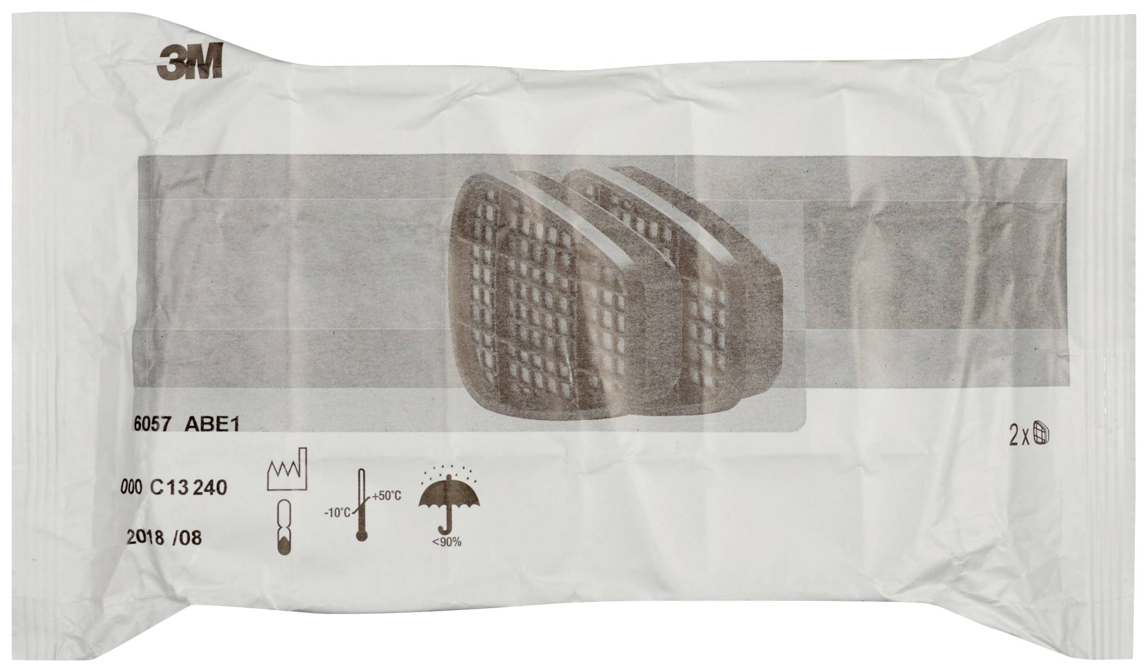 3M embalaža z dvema ABE1 filtroma. Natisnjeni simboli prikazujejo zaščito pred organskimi plini, hlapi in anorganskimi plini.