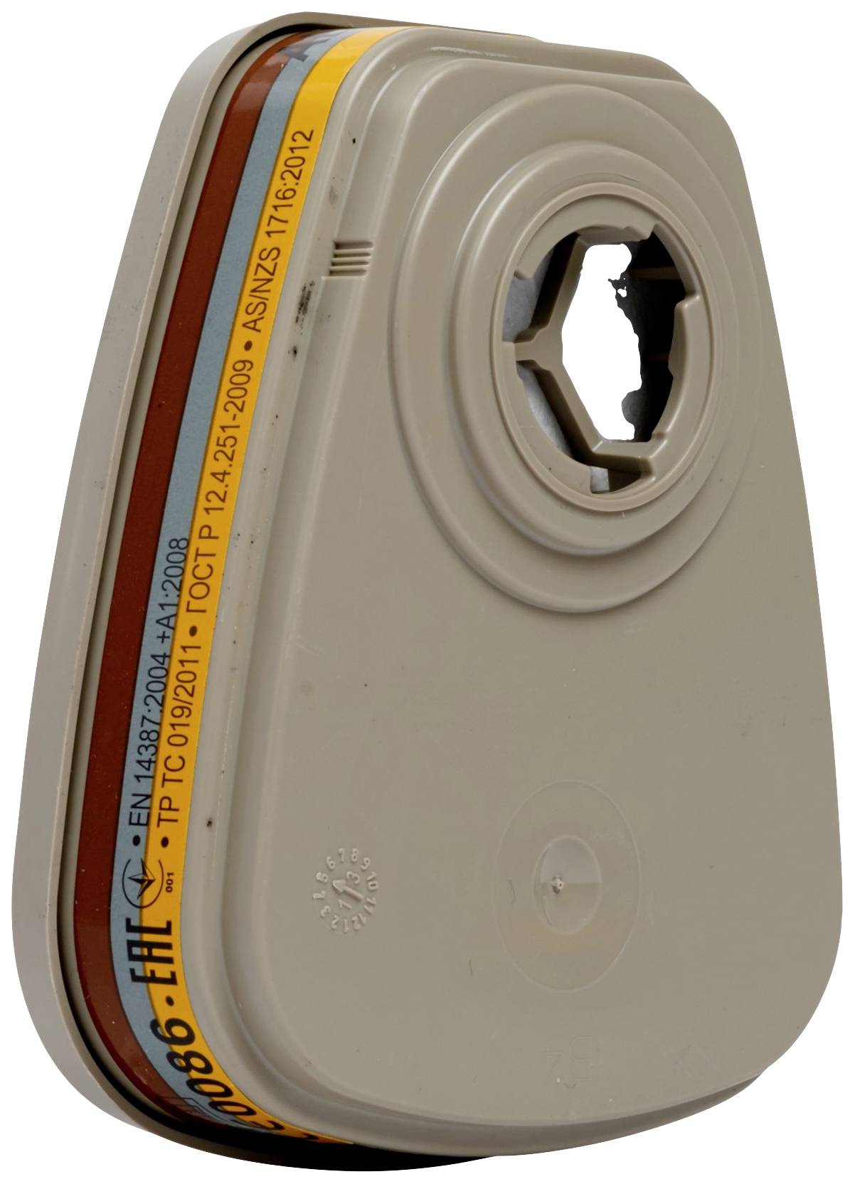 Filter za dihanje, ovalne oblike, s številko modela in standardi navedenimi na sprednji strani, se uporablja za čiščenje zraka pri respiratornih maskah.