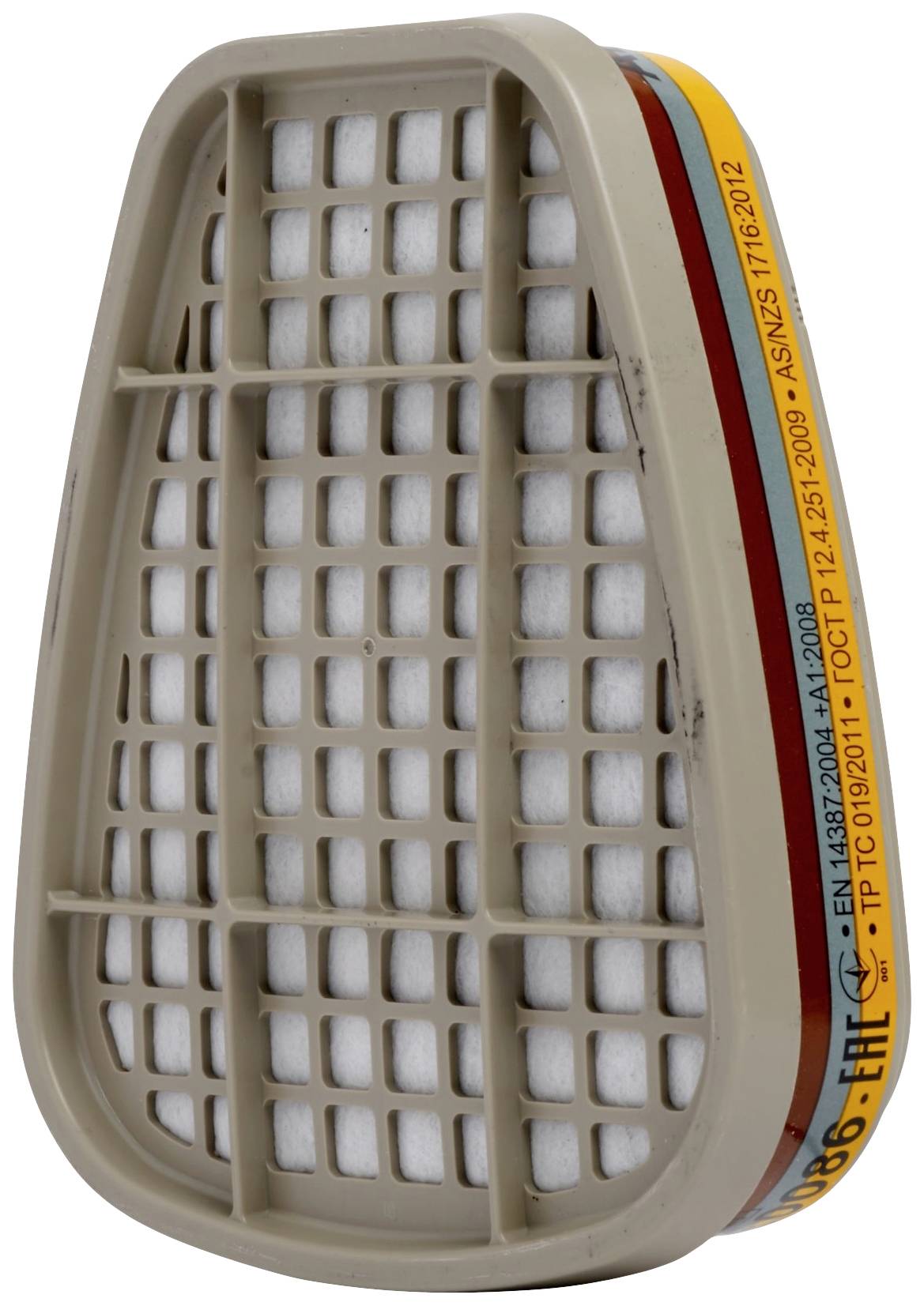 Filter za zaščitno masko, svetlo rjav z barvnimi trakovi ob strani.