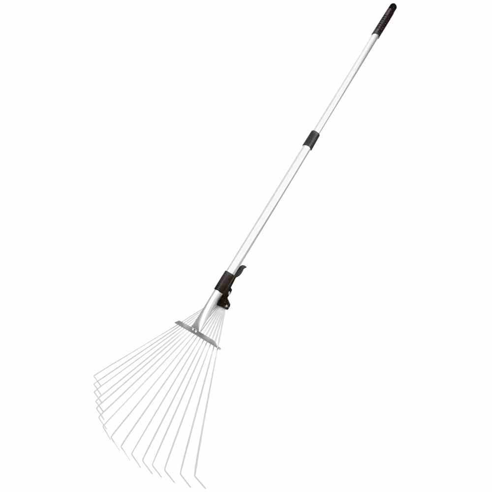 Vrtne grablje z dolgim belim ročajem in srebrnimi zobmi. Primerne za grabljenje listja ali pokošene trave na vrtu.