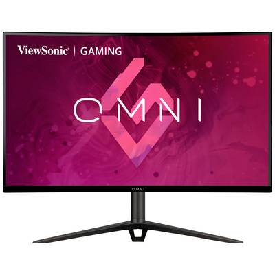 Ukrivljen gaming monitor z rdečo ozadjem in napisom 'ViewSonic OMNI'. Idealen za igranje iger.