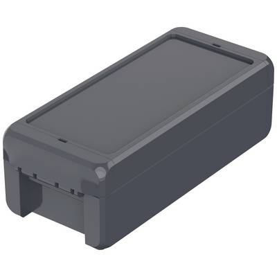 Pravokotno, črno plastično ohišje z ravnimi robovi in ploskim pokrovom. Primerno za shranjevanje elektronskih naprav.