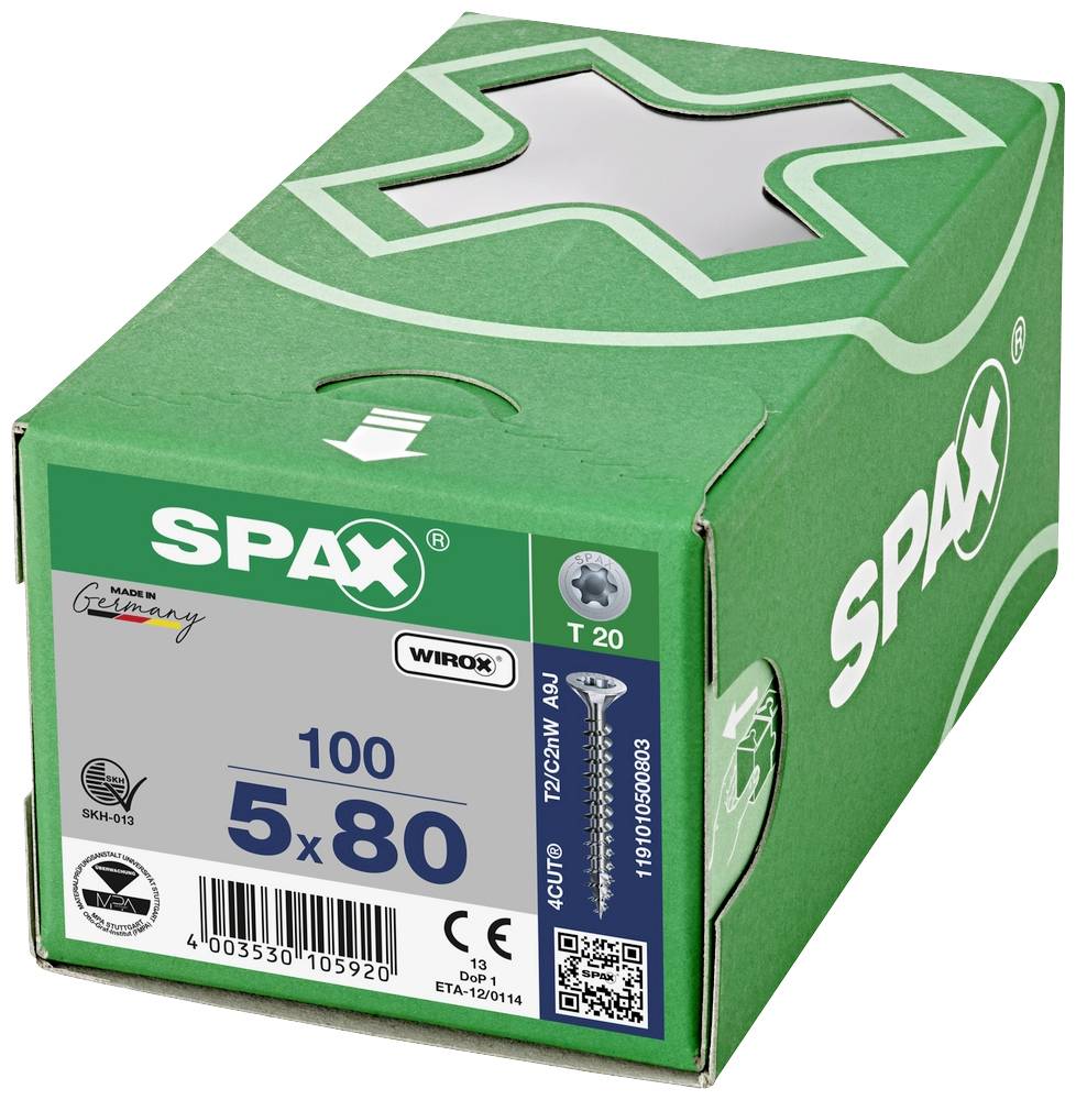 Zelena Spax embalaža: 100 vijakov, velikost 5x80 mm, T20 pogon, izdelano v Nemčiji. EAN 4003530105920.