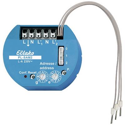 Moder Eltako PL-SAM2 vtičnični adapter z nastavitvijo naslova, petimi priključki in konfiguracijskimi tipkami, za 230V elektriko.