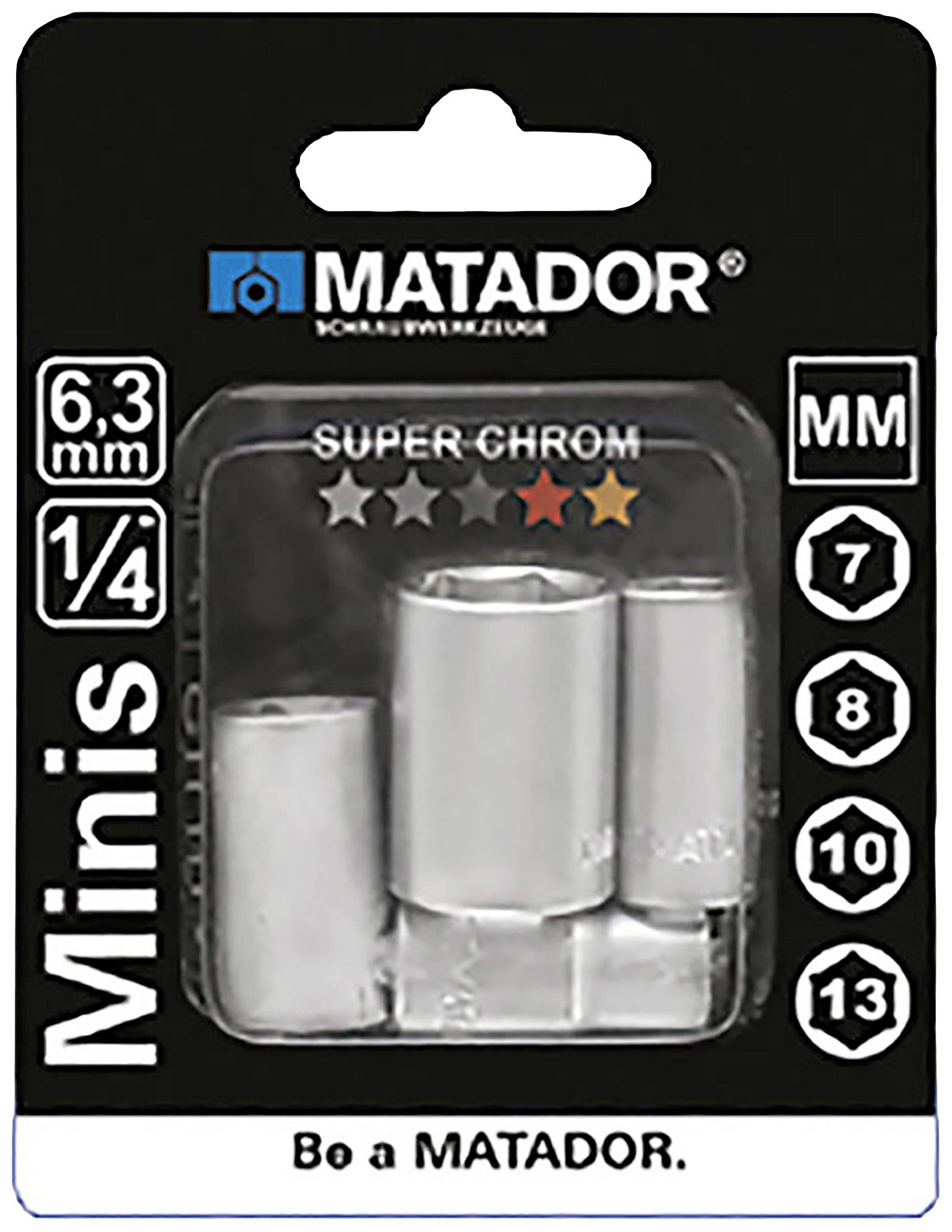 Embalaža vijačnih orodij 'Minis' znamke Matador. Vsebuje pet nasadnih ključev. Velikosti: 6,3 mm (1/4"), 7, 8, 10, 13 mm.