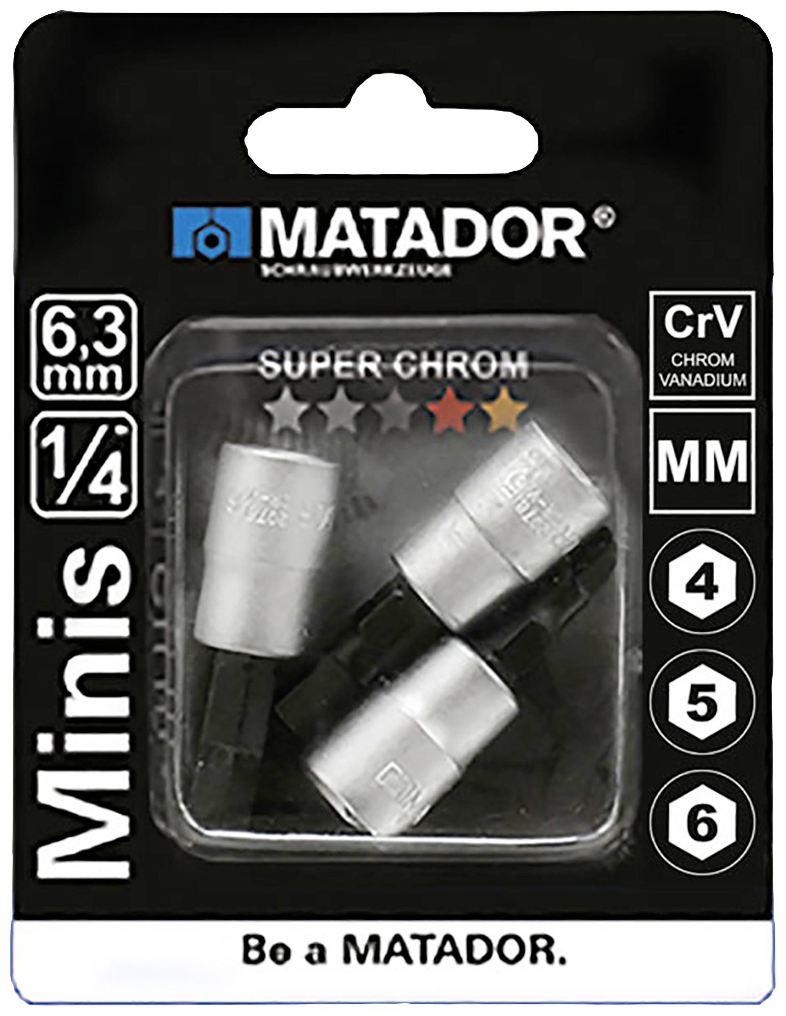 'Matador' set vijakov, 3 kosi, velikosti 4, 5, 6 mm, iz kroma in vanadija, na črni embalaži z napisom 'Be a MATADOR'.