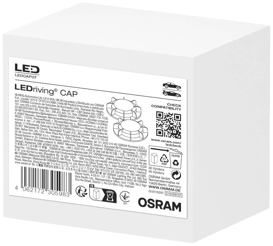 Embalaža prikazuje LED-svetilko z napisom 'LEDriving CAP' podjetja OSRAM in vsebuje tehnične podrobnosti ter informacije o združljivosti.