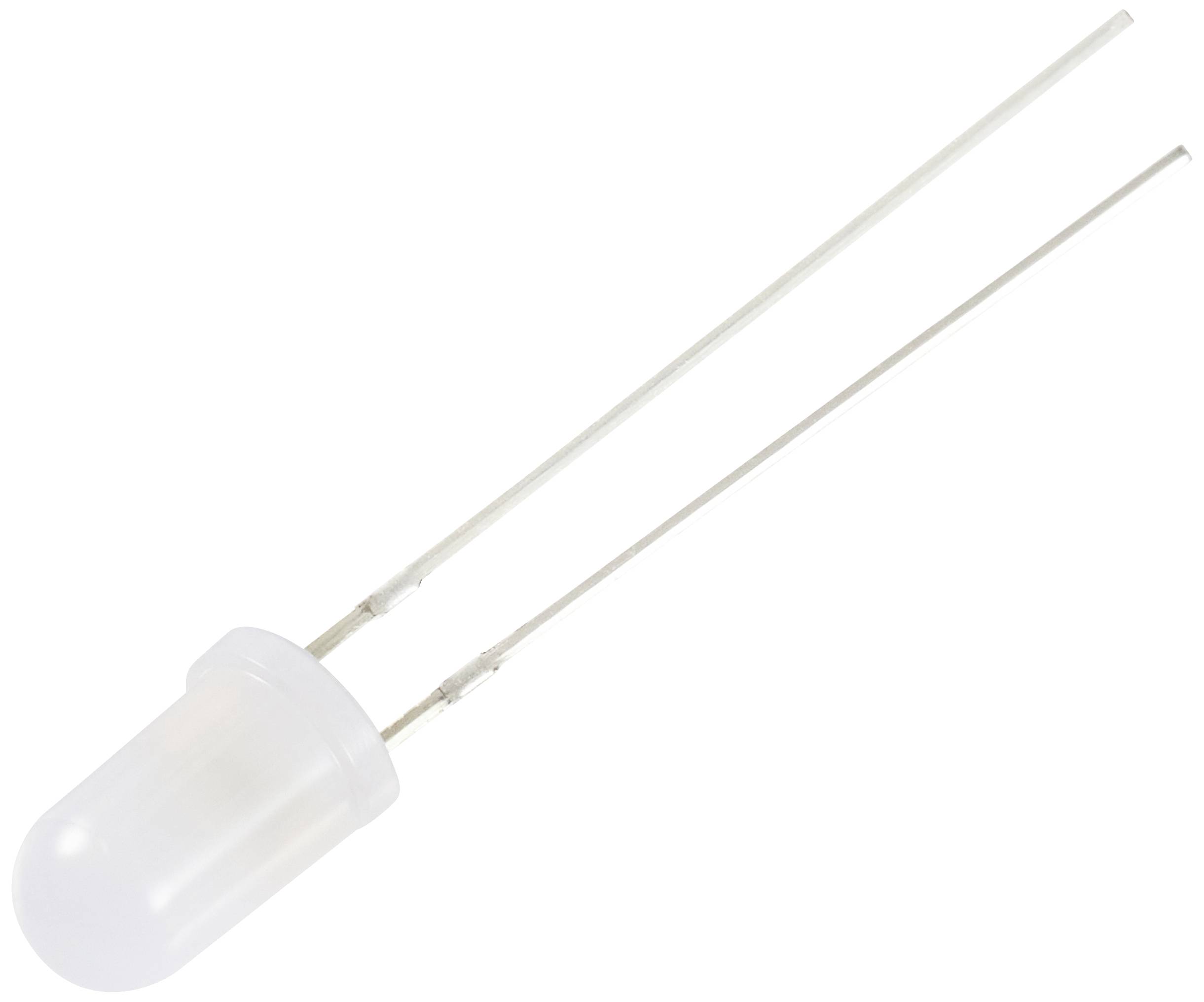 Bela LED z dvema kovinskima priključkoma, izolirana na beli podlagi.