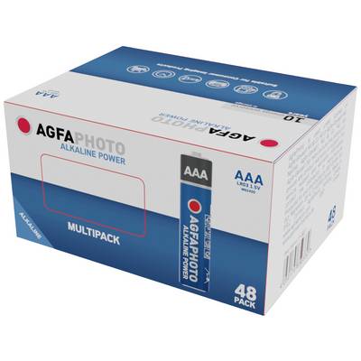 Škatla s 48 AAA AGFAPHOTO alkalnimi baterijami, označena z 'Alkaline Power' in 'Multipack'.