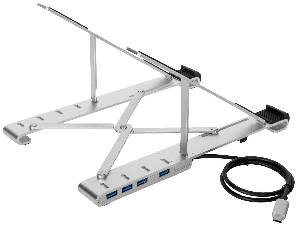 Nastavljiv kovinski stojala za prenosni računalnik z več USB priključki in kablom, primeren za ergonomsko izboljšanje.