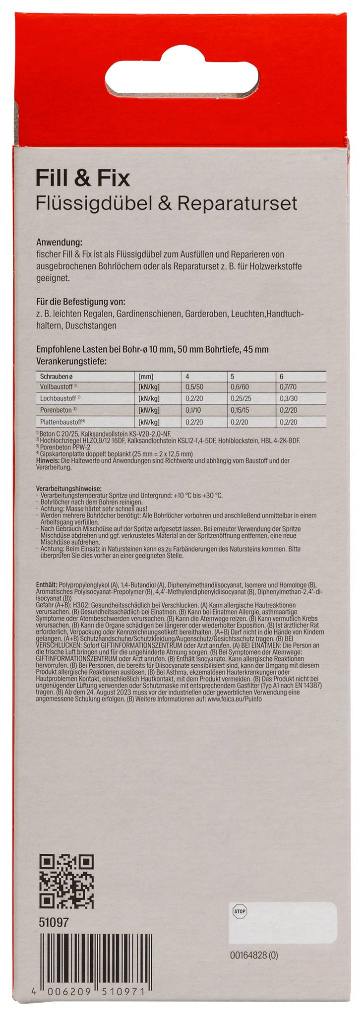 Embalaža 'fischer Fill & Fix' prikazuje uporabo izdelka za pritrditev zaves. Vsebuje 23 g/25 ml polnilnega materiala za pritrjevanje.
