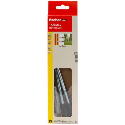 Embalažna škatla za komplet stenskega sidra Fischer TherMax 10/160 M10, ki prikazuje sliko izdelka, velikost 140-160 mm in količino 2x.