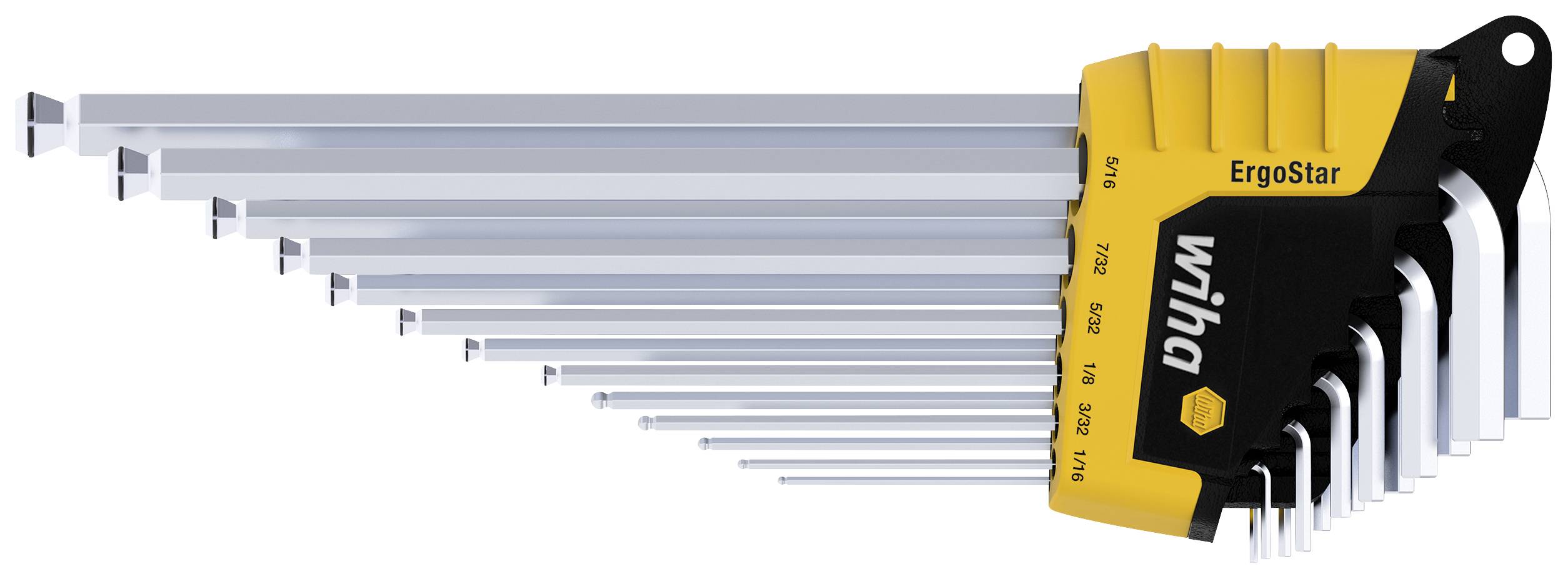 Nabor 13 L-oblikih ključev z notranjim šestkotnikom različnih velikosti, razporejenih v rumeno-črnem držalu.