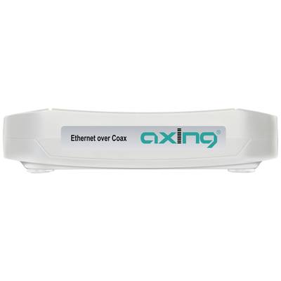 Omrežni adapter z napisom 'Ethernet prek koaksialnega kabla' in logotipom Axing za povezovanje ethernetnega omrežja preko koaksialnega kabla.
