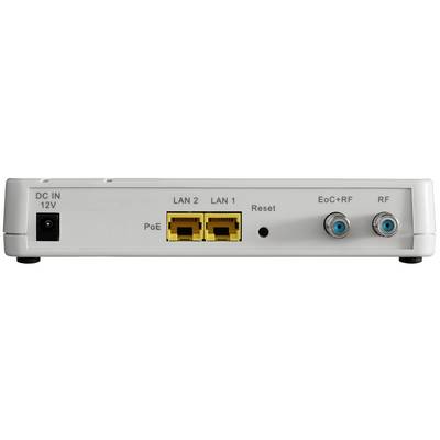 Zadnja stran omrežne naprave s priključki: DC IN 12V, LAN 1 in 2, PoE, gumb za ponastavitev, priključki EoC+RF in RF.