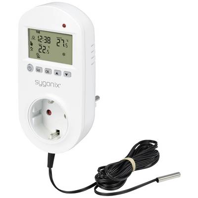 Digitalni termostatski vtič znamke sygonix z zaslonom prikazuje čas, trenutno in nastavljeno temperaturo. Opremljen je s kablom s senzorjem.