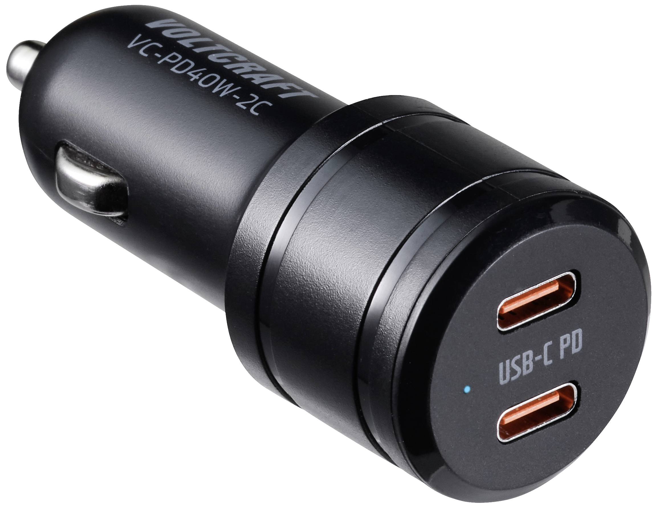 Črn avtomobilski polnilec z dvema USB-C priključkoma. Napis: 'VOLCRAFT VC-PD40W-2C' in 'USB-C PD'.