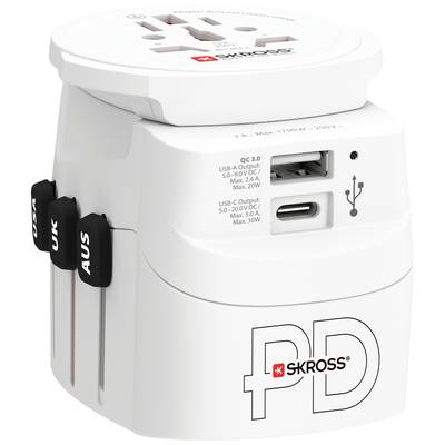 Potovalni adapter vtičnic z USB-priključki in drsniki za različne mednarodne vtičnice, znamke SKROSS. Primeren za mednarodno uporabo.