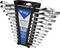 Set šestnajstih sijočih viličnih ključev različnih velikosti, razvrščenih v črnem plastičnem držalu z modro nalepko.