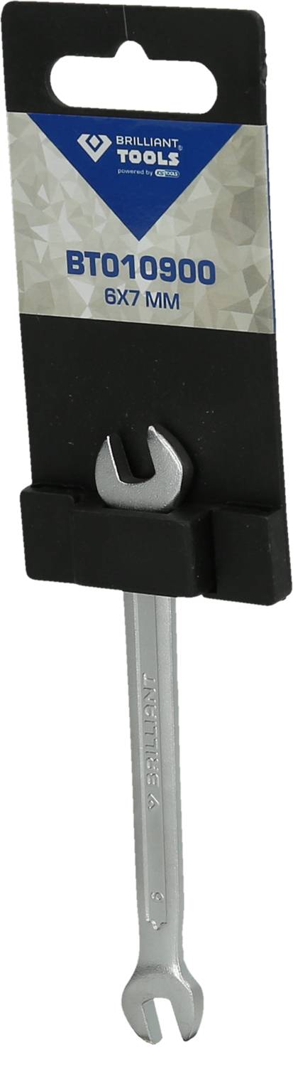 Vijačni ključ na črnem kartončku, označen z 'Brilliant Tools', velikost '6x7 mm'.