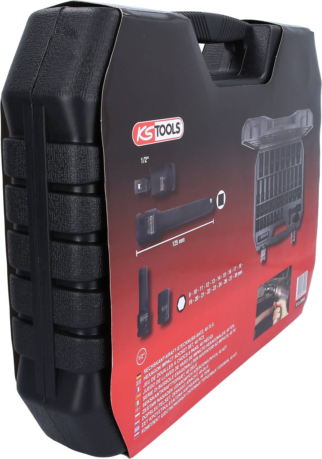 Črn kovček za orodje znamke KS Tools z rdečo nalepko, ki prikazuje orodje v notranjosti. Ročaj na vrhu, robustna izdelava za mobilno uporabo.