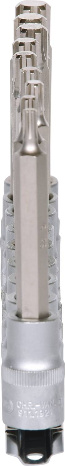Kovinski pripomoček z več zareži, verjetno sveder ali adapter, v vertikalnem pogledu.