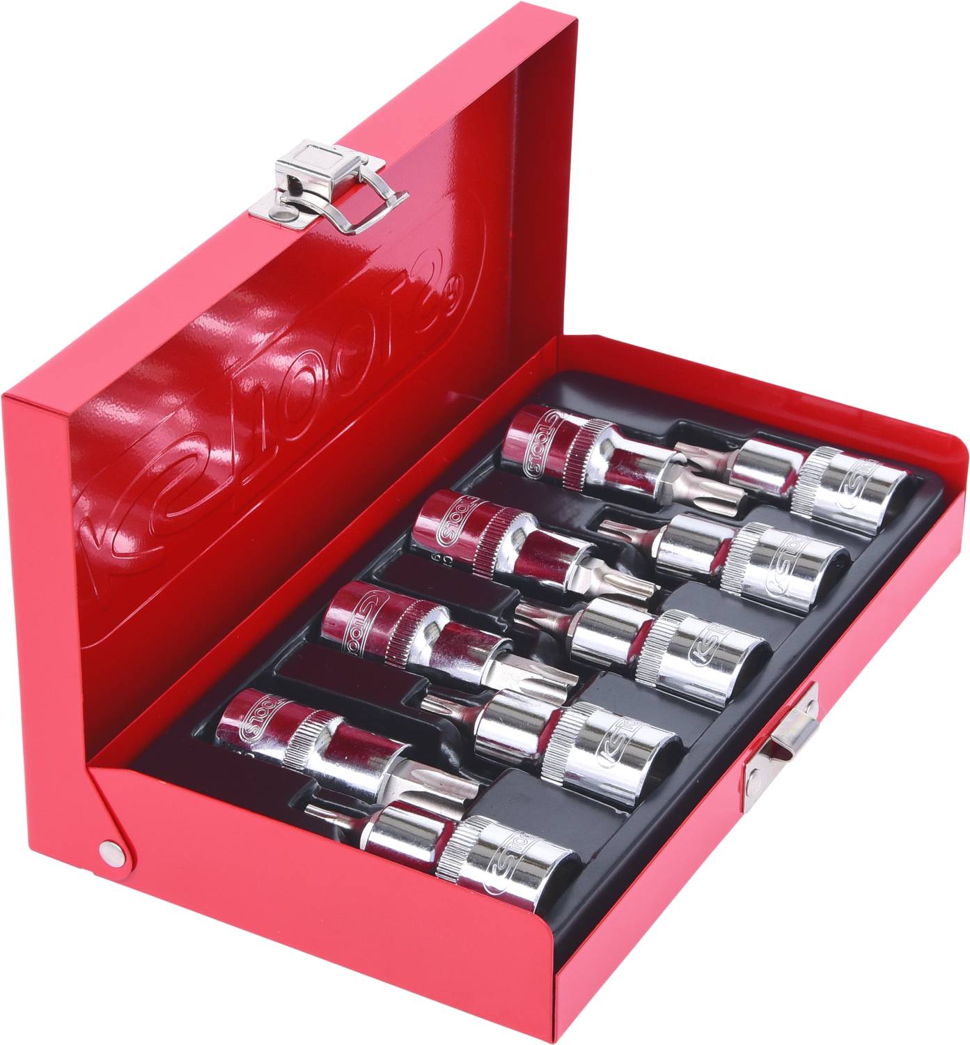 Rdeča orodjarna z odprtim pokrovom, ki vsebuje več kromiranih nasadnih ključev v urejeni postavitvi.