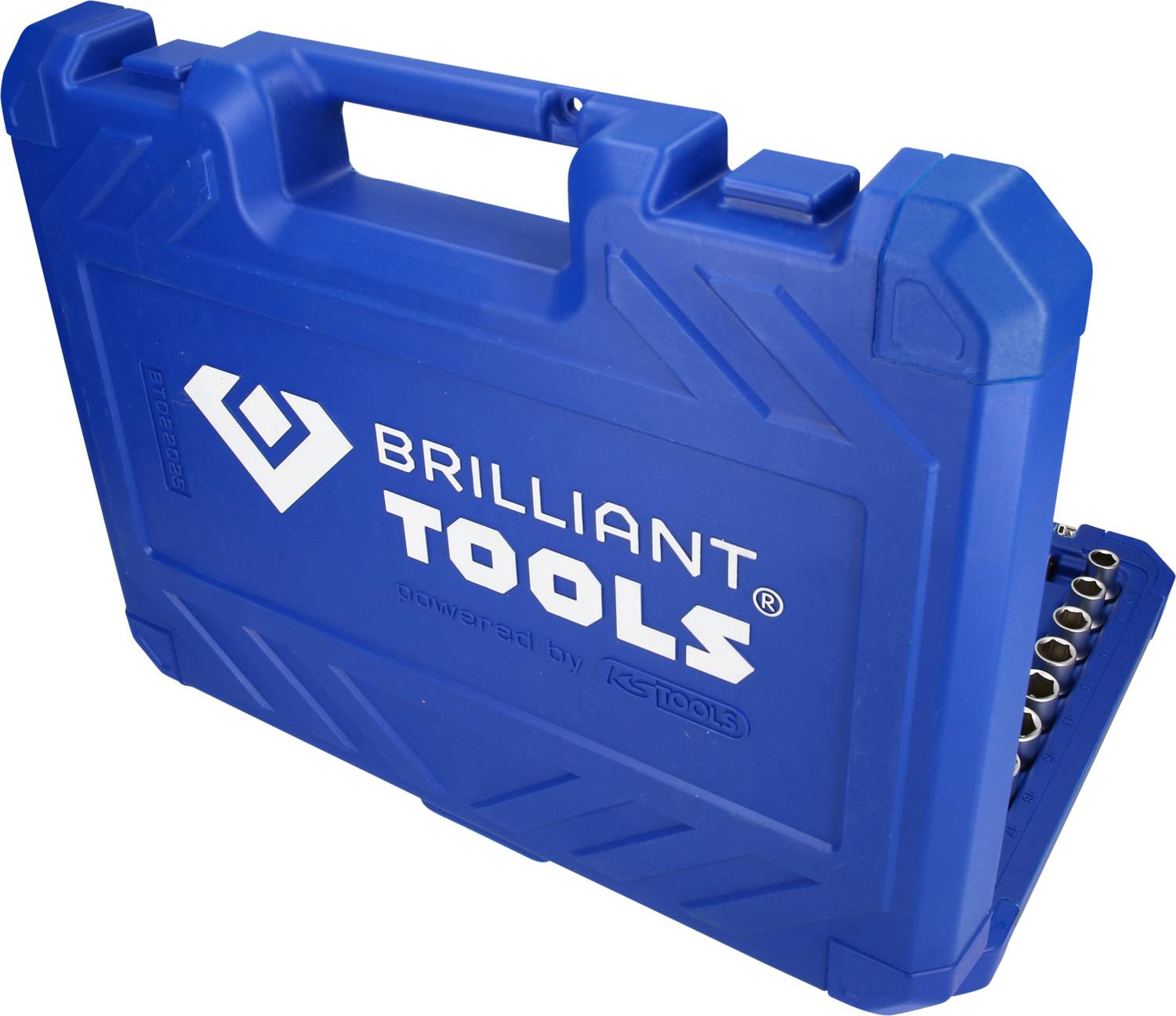 Moder plastični kovček z napisom 'Brilliant Tools', ki vsebuje set vtičnih ključev.
