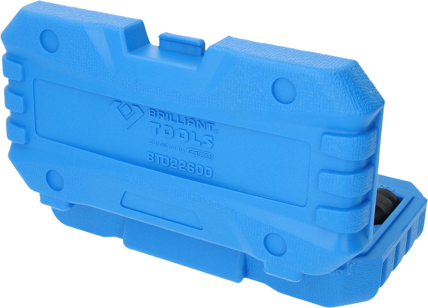 Moder kovček za orodje z logotipom 'Brilliant Tools' na sprednji strani, robusten dizajn, primeren za shranjevanje orodja.