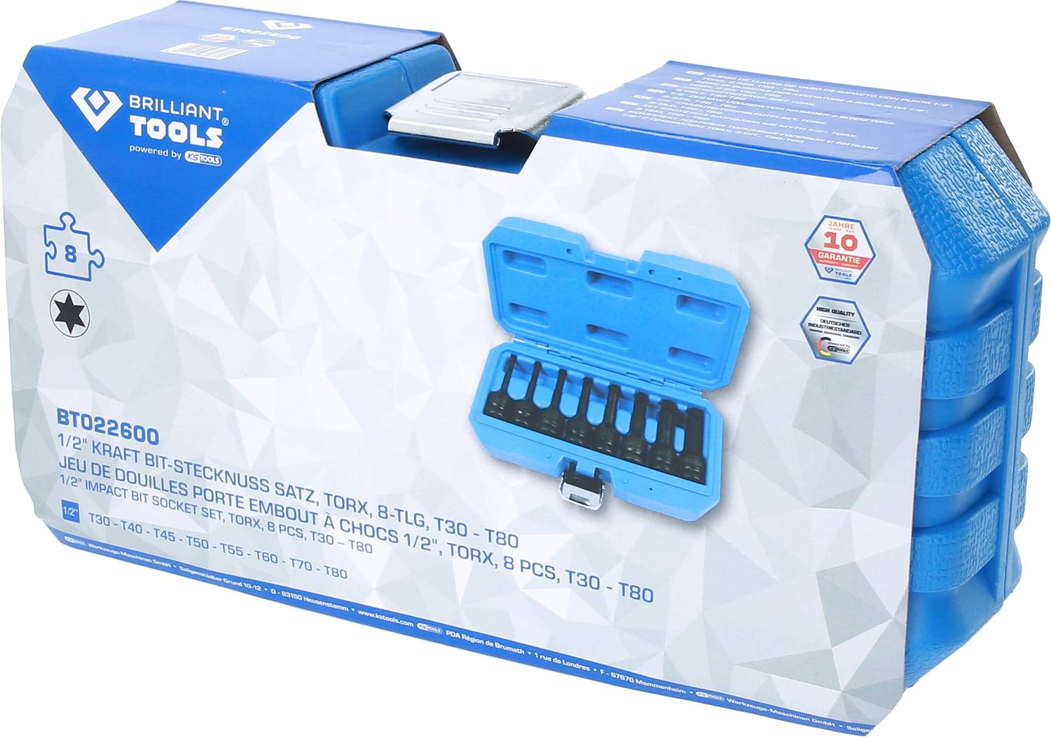 Modra embalaža z 1/2" kompletom momentnih ključev za vijačenje Torx, 8-delni set. Vsebuje sliko odprtega kompleta.