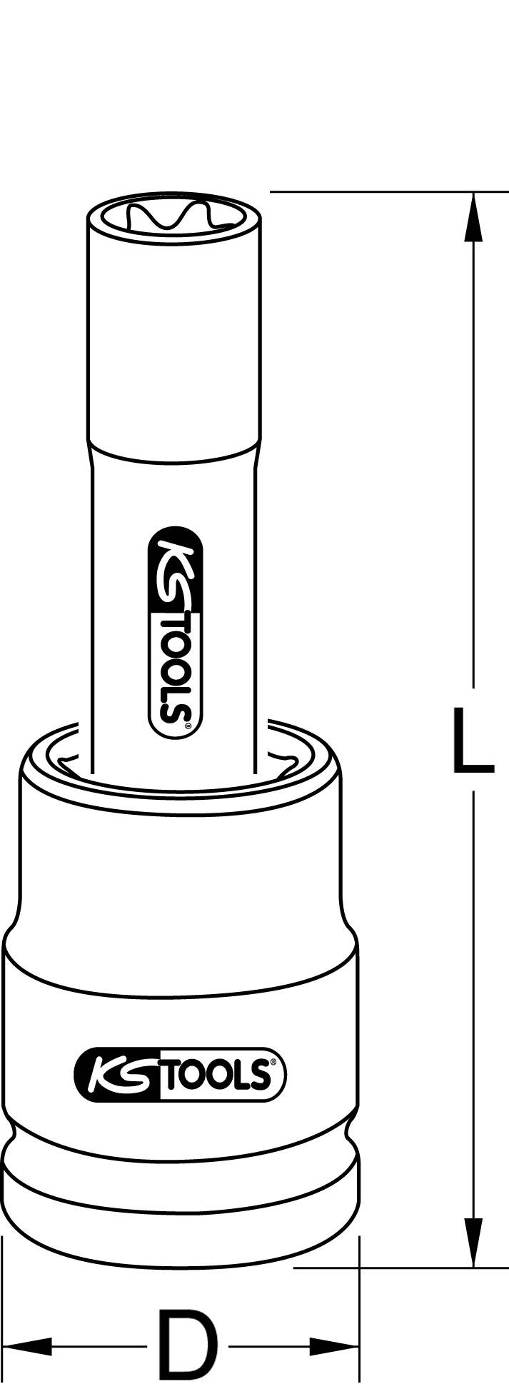 Ilustracija šestkotnega nastavka z merami L za dolžino in D za premer, vidna znamka KS Tools.