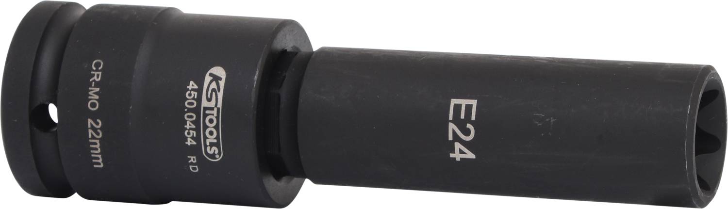 Na sliki je črn vijačni čep 'E24' podjetja KS Tools, izdelan iz robustnega materiala, velikosti 22 mm.