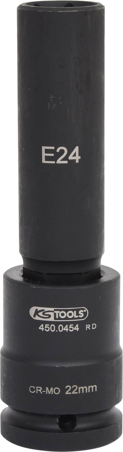 Črn imbus ključ z napisi 'E24', 'KS Tools' in 'CR-MO 22mm'. Uporablja se za mehanična dela na vozilih.