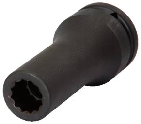 Črn, cilindričen kovinski nastavek za orodje z narebrenim koncem, verjetno montažna či vijačna vtičnica.