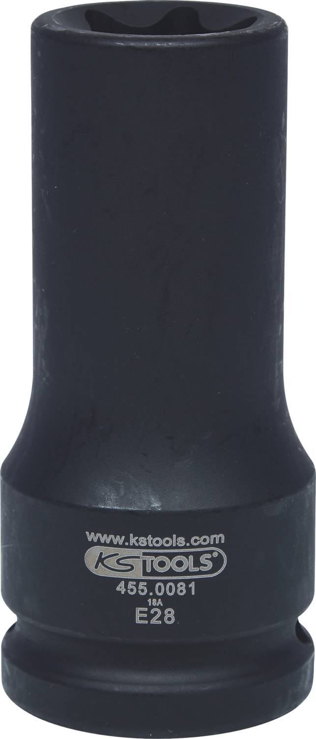 'Črna šestkotna natična vtičnica znamke KS Tools, modelna številka 455.0081, velikost E28, primerna za mehanska dela.'
