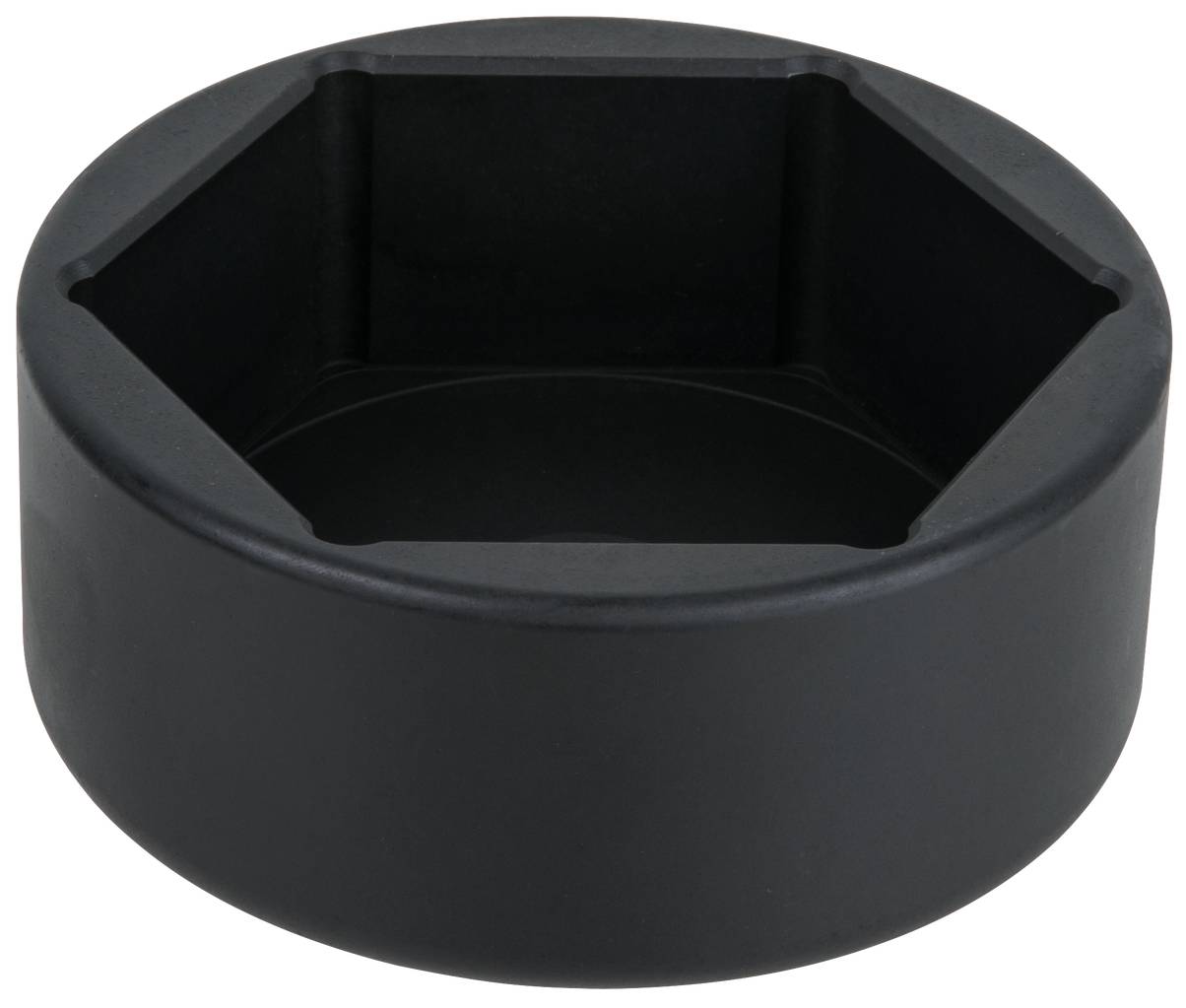 Črn šesterokoten zabojnik, prazen in brez vidne vsebine.