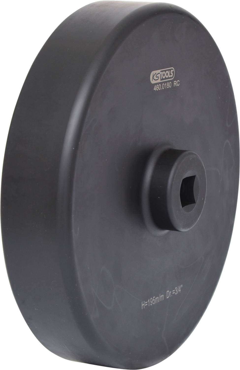 Okroglo, črno orodje ali strojni del z notranjo kvadratno odprtino in logotipom proizvajalca.