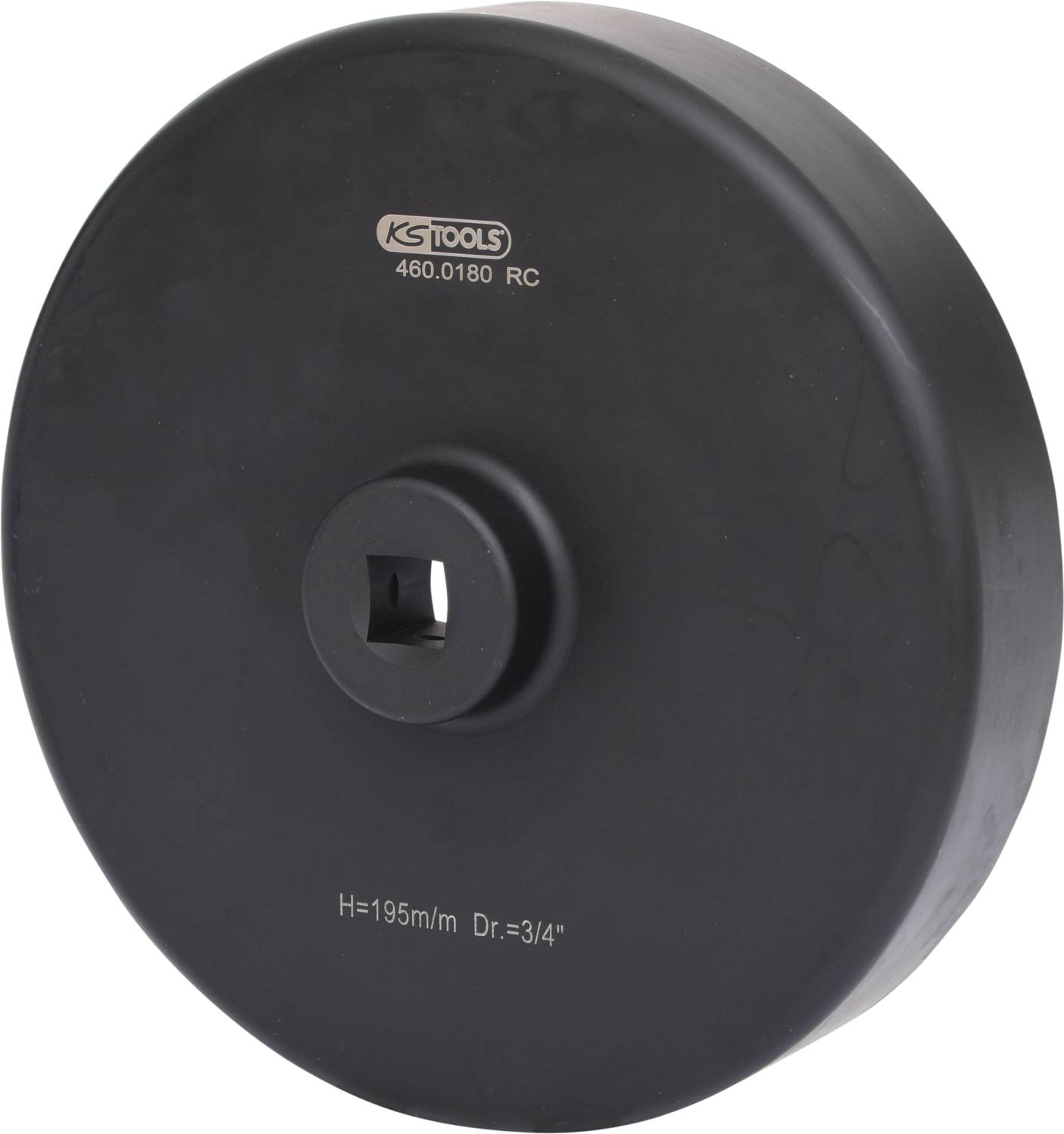 Velika črna nasadna ključavnica znamke KS Tools s kvadratnim vstavljanjem na vrhu. Besedilo na nasadni ključavnici: 'H=195mm, Dr.=3/4', 460.0180 RC'.