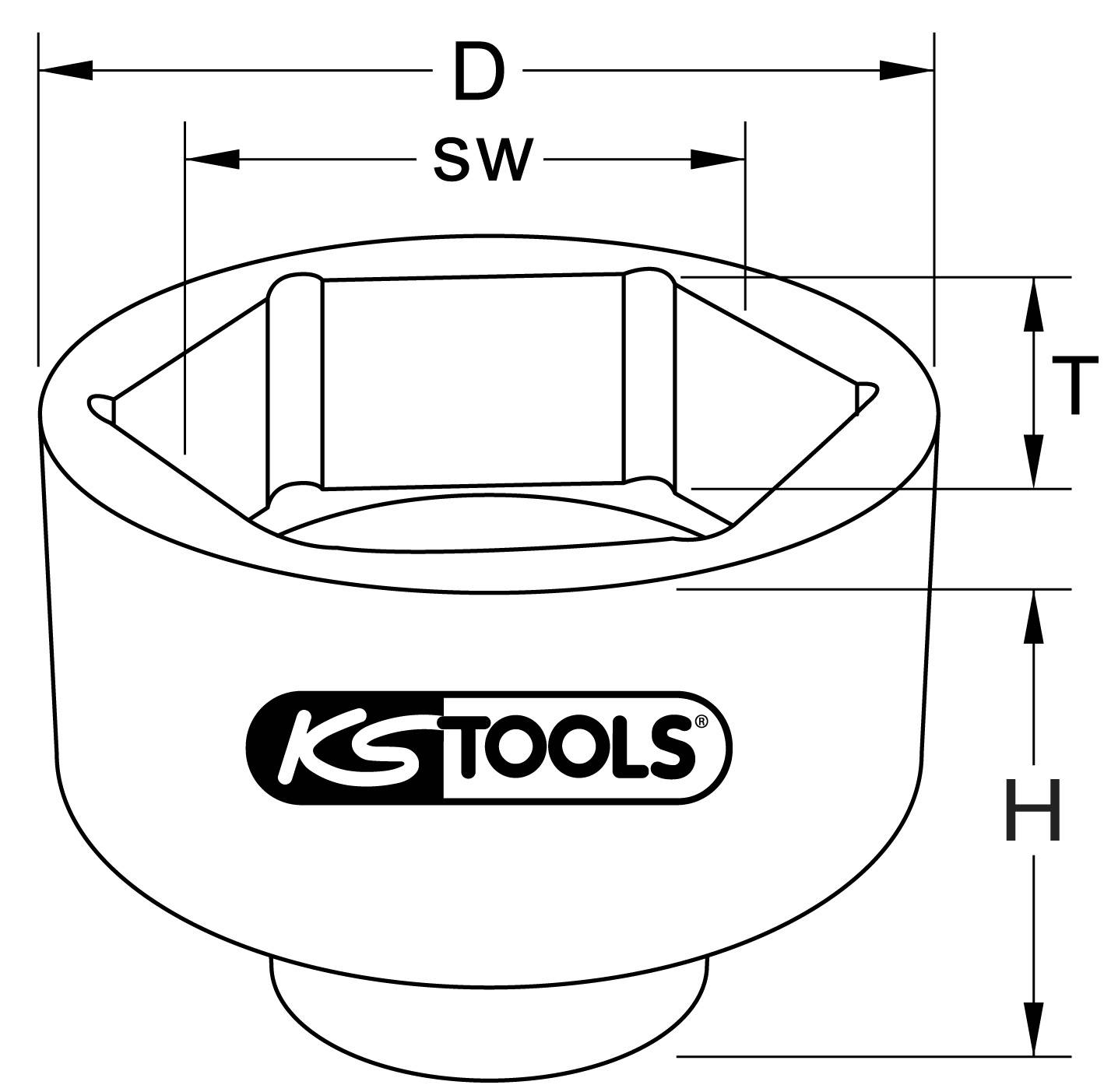 Tehnična risba vtičnega nastavka z merami D, sw, T in H. Označen z logotipom 'KS TOOLS' na strani.