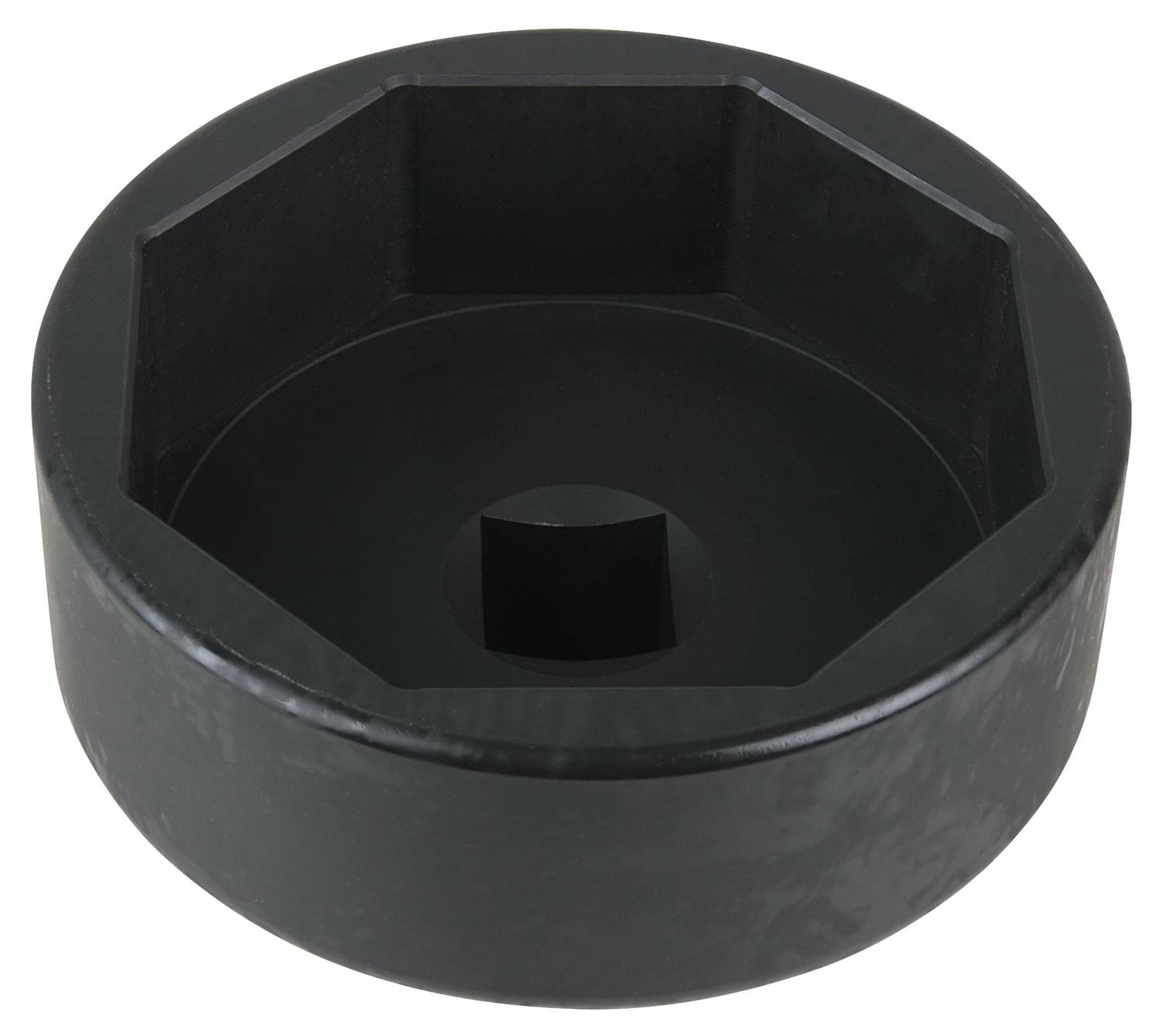 Črno, okroglo orodje s šestkotno odprtino, verjetno nasadni ključ. Idealen za privijanje velikih matic.