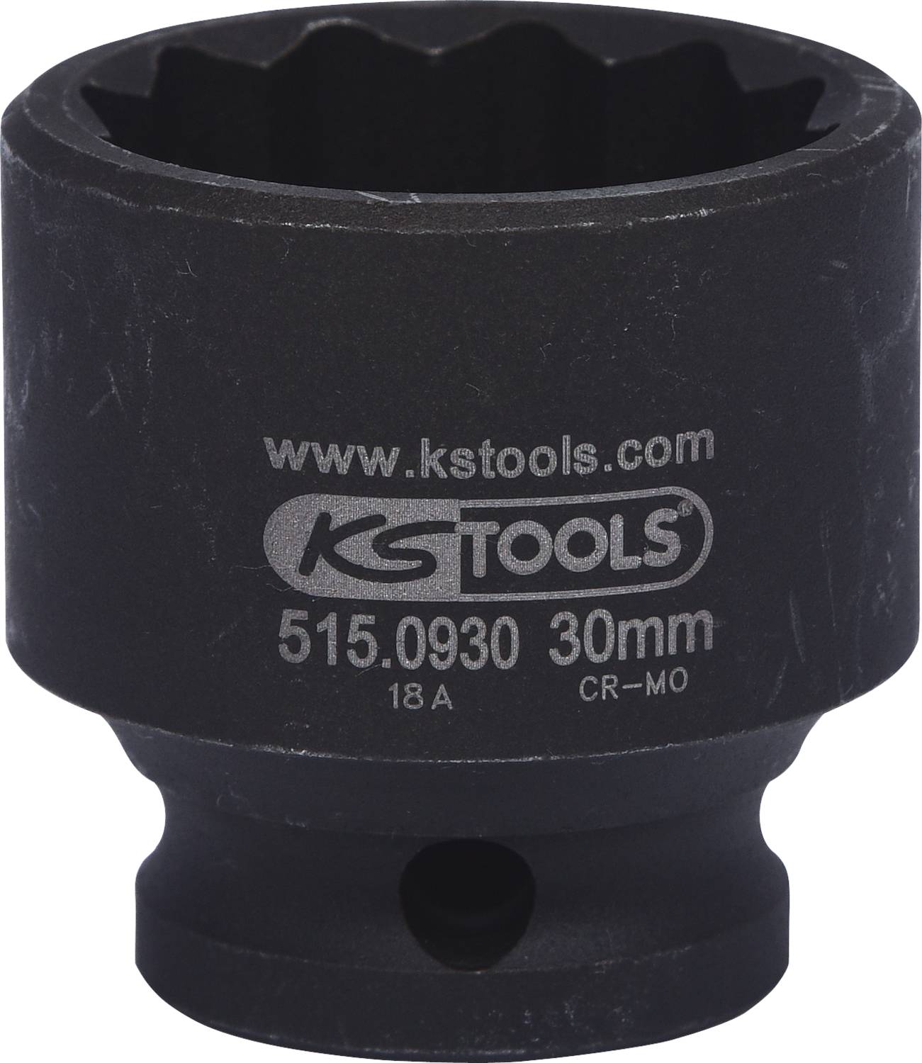 Kovinska vtična/natična matica s črnim površjem, na kateri piše 'www.kstools.com', 'KS TOOLS', velikost '30mm', modelna številka '515.0930'.
