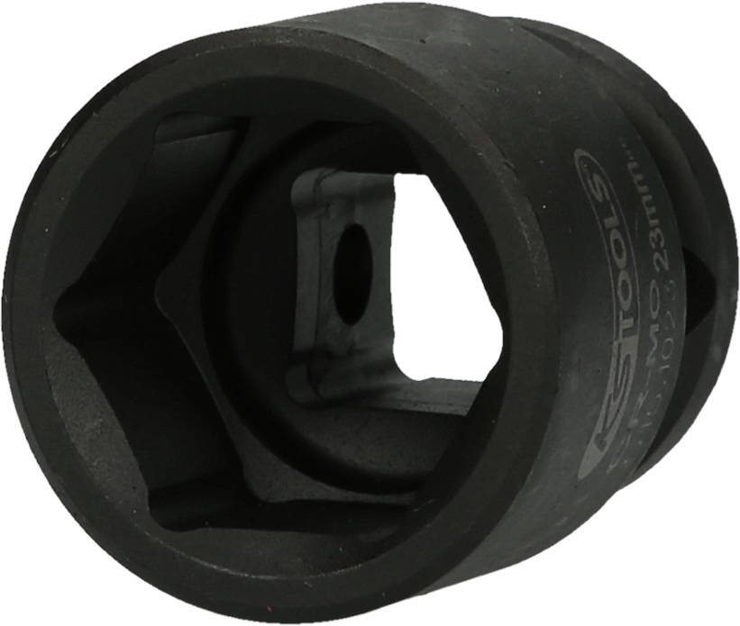 Črn šestkotni oreh z napisom '23mm'. Idealen za vijačenje na motornih vozilih.