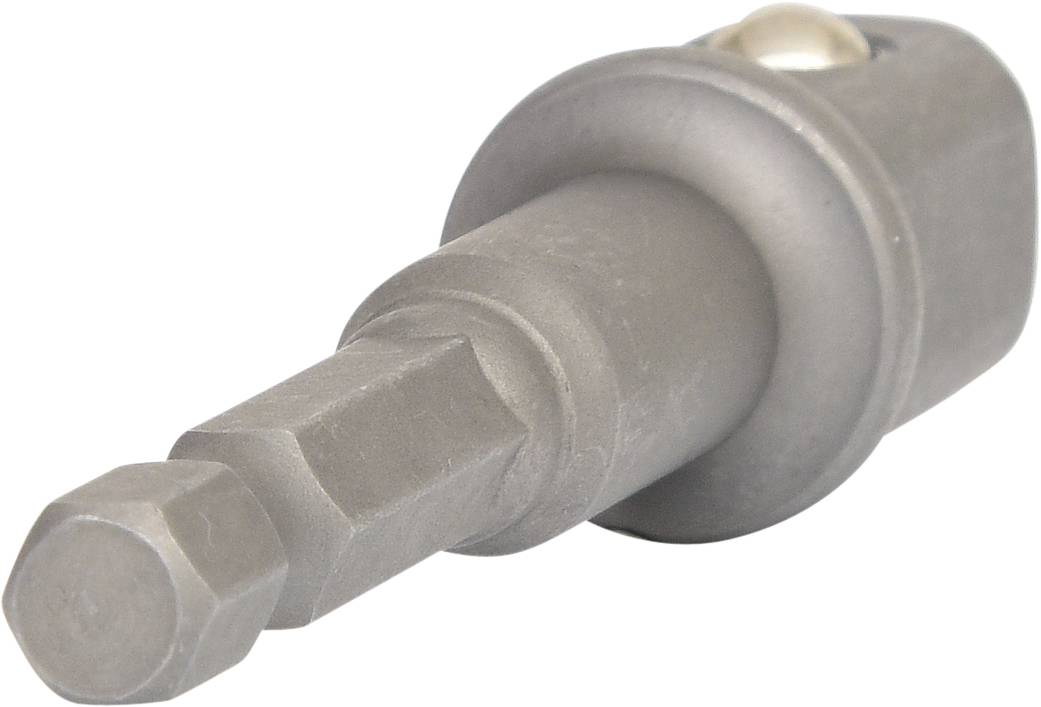 Siv vijačni adapter z šestkotno konico in okroglim koncem, ki se uporablja za povezovanje orodij, kot so izvijači in vrtalni stroji.