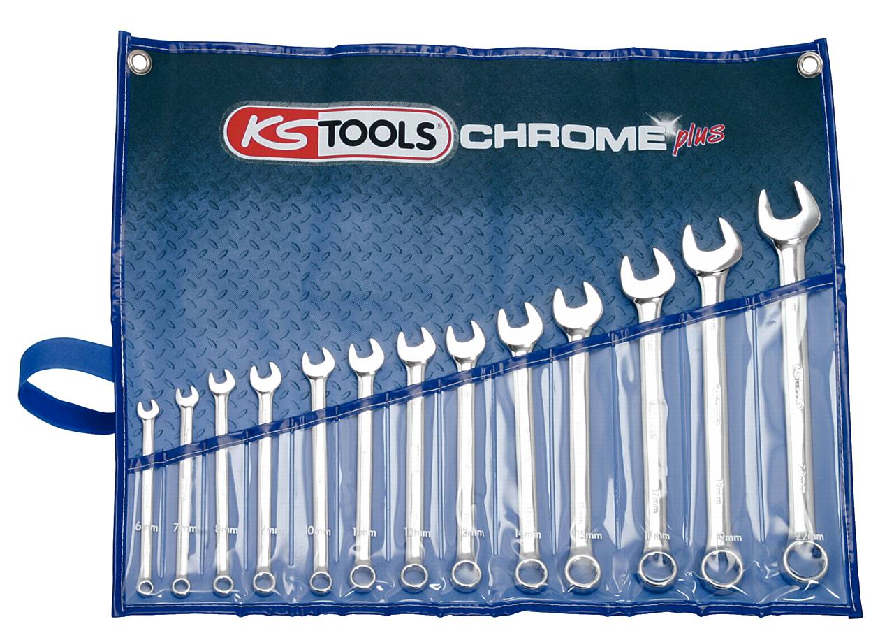 Set obročnih ključev v različnih velikostih, razvrščen v modri torbi za orodje z napisom 'KS Tools Chrome Plus'.