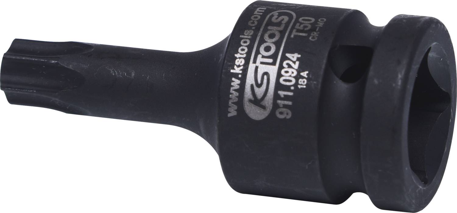 Črn Torx bit podjetja KS Tools, modelna številka 911.0924, velikost T50. Bit ima šesterokotno obliko z nazobčano osnovo.