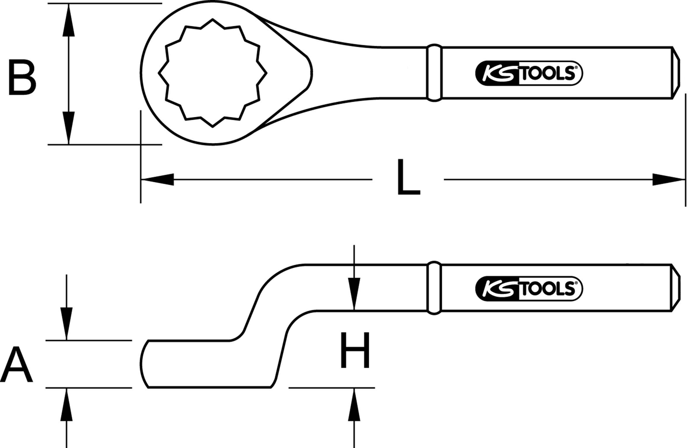 Tehnična risba ključa z oznakami mer A, B, H in L. Na ročaju je vidna blagovna znamka 'KS Tools'.