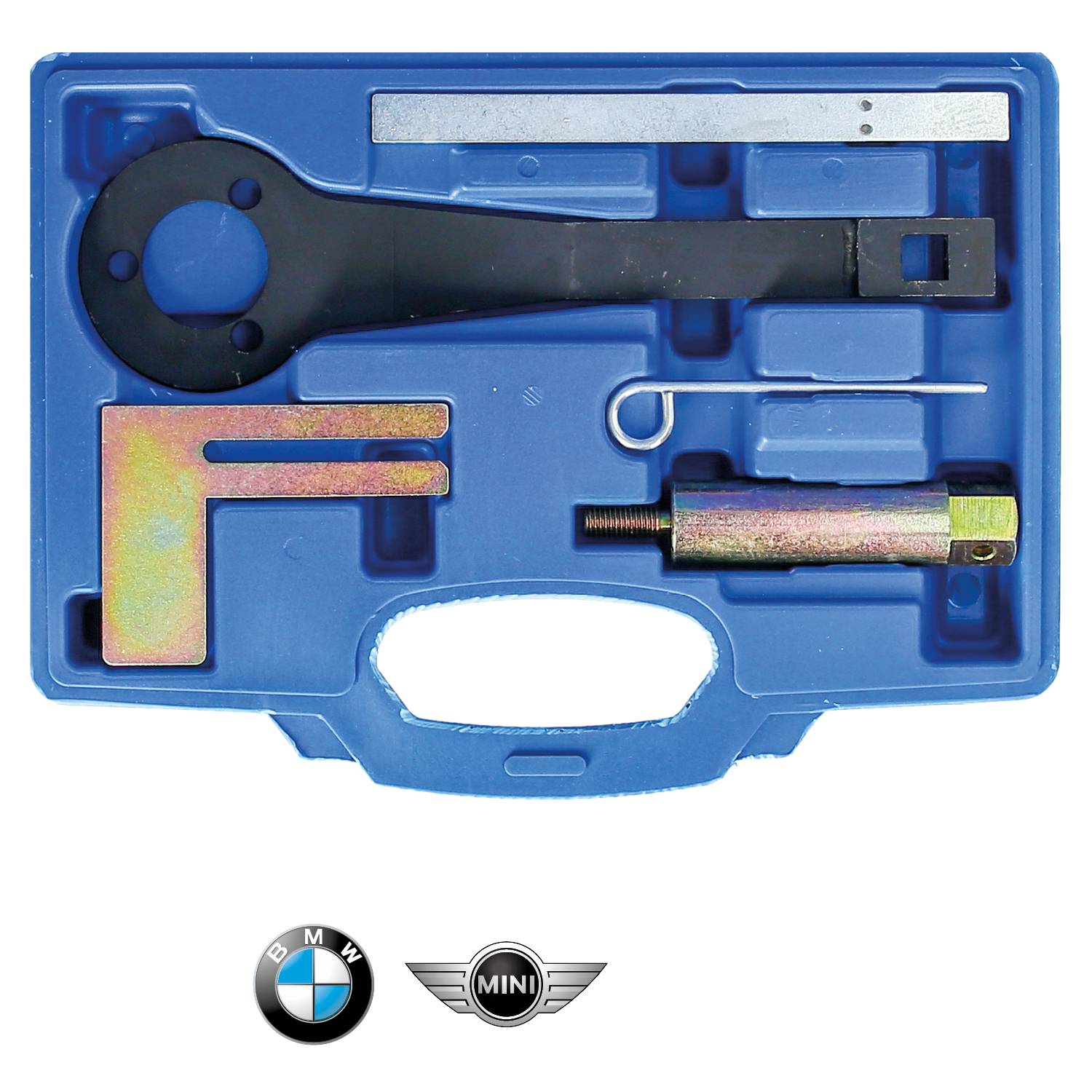 Modra etui škatlica vsebuje različna orodja, med katerimi so ključ z obročem, kovinska palica in vijak za popravila BMW in MINI vozil.