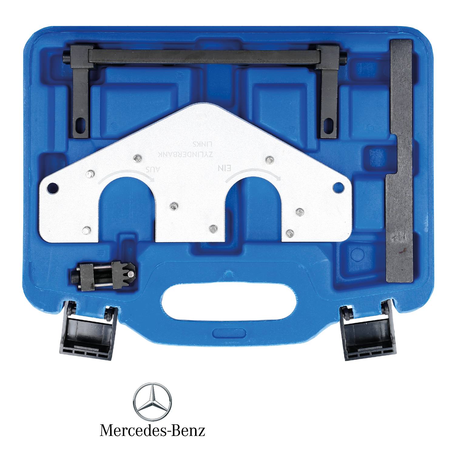 Moder kovček za orodje s črnim in srebrnim specialnim orodjem, z logotipom Mercedes-Benz na spodnjem robu.